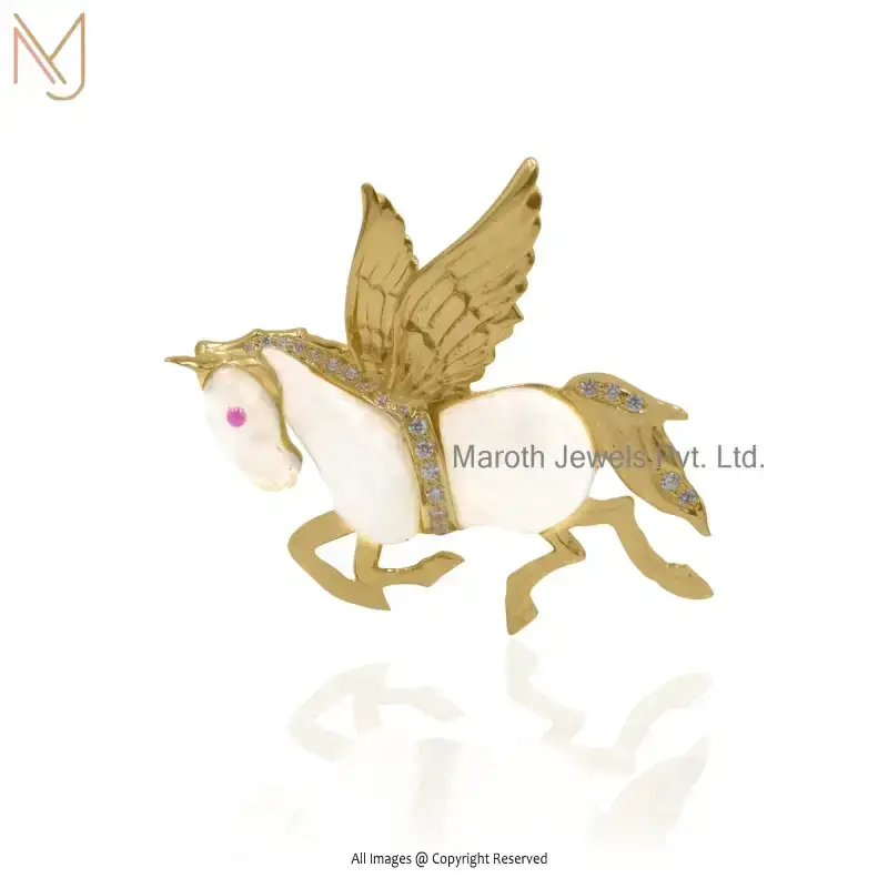 14K Yellow Gold Moonstone Small Stone Ruby & CZ Flying Horse Pendant USA