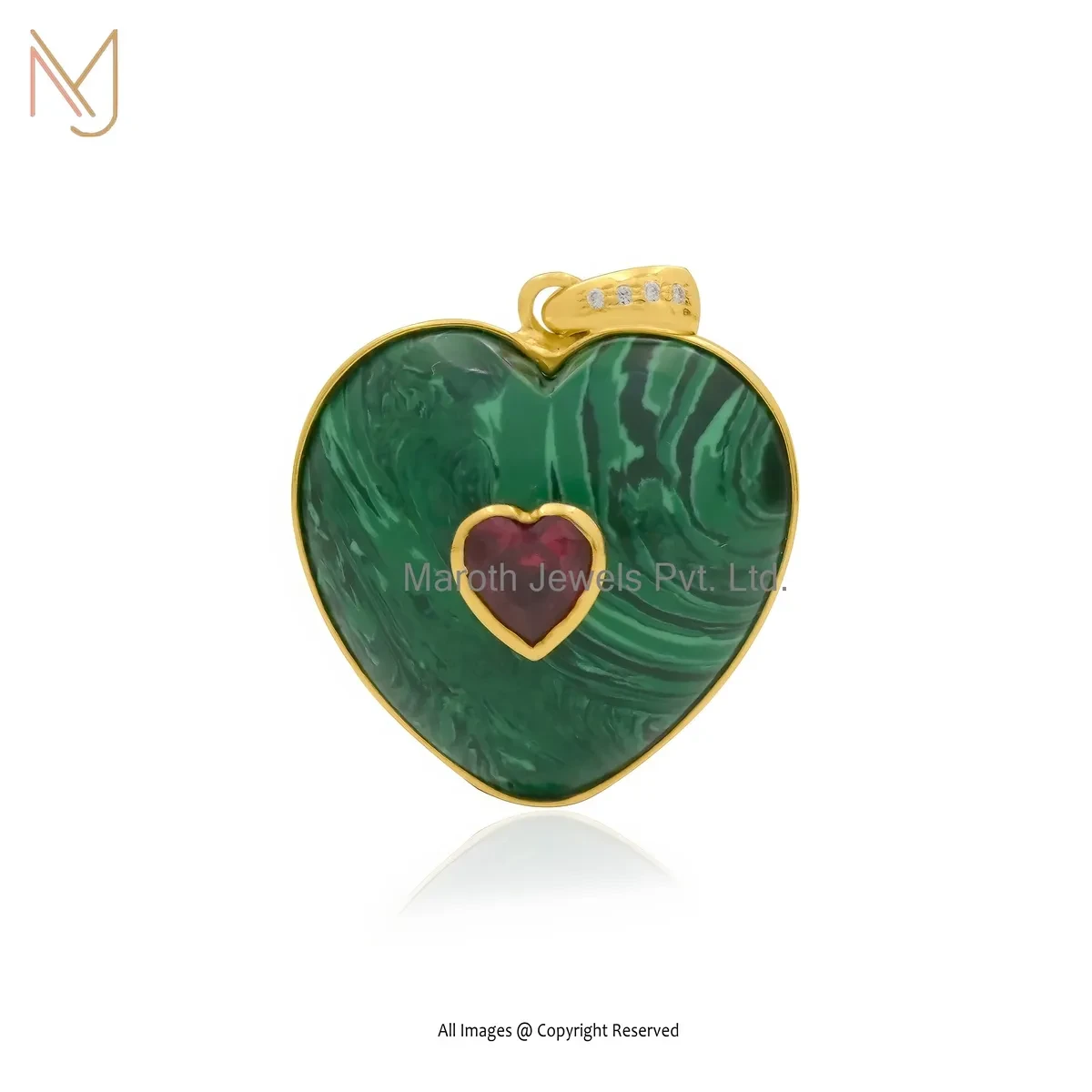 Wholesale 925 Silver Yellow Gold Plated Malachite & Ruby Cubic Zircon Heart Pendant