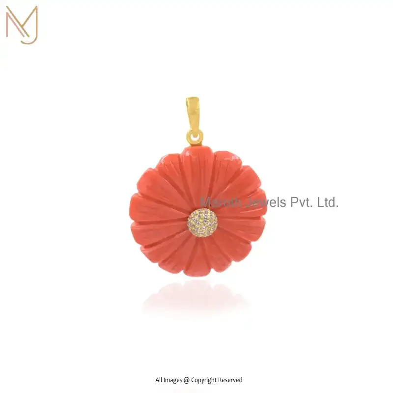 925 Sterling Silver Yellow Gold Plated Malachite And Pink CZ Flower Gemstone Pendant Custom Jewelry