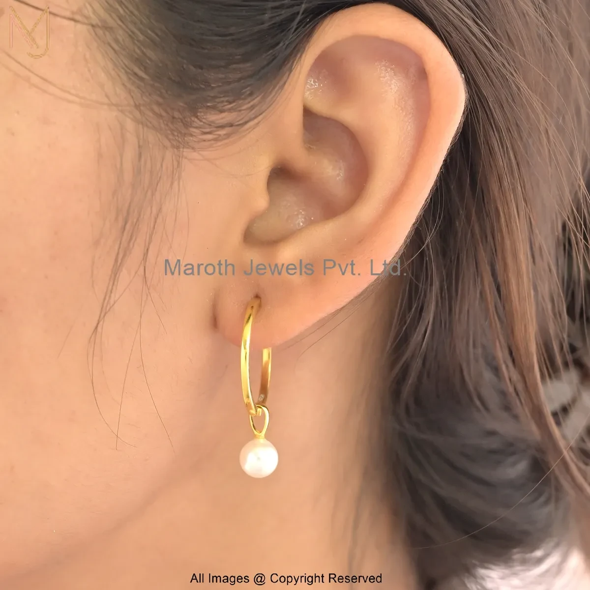 925 Silver Yellow Gold Plated Pearl Hoop Earring Custom Jewelry
