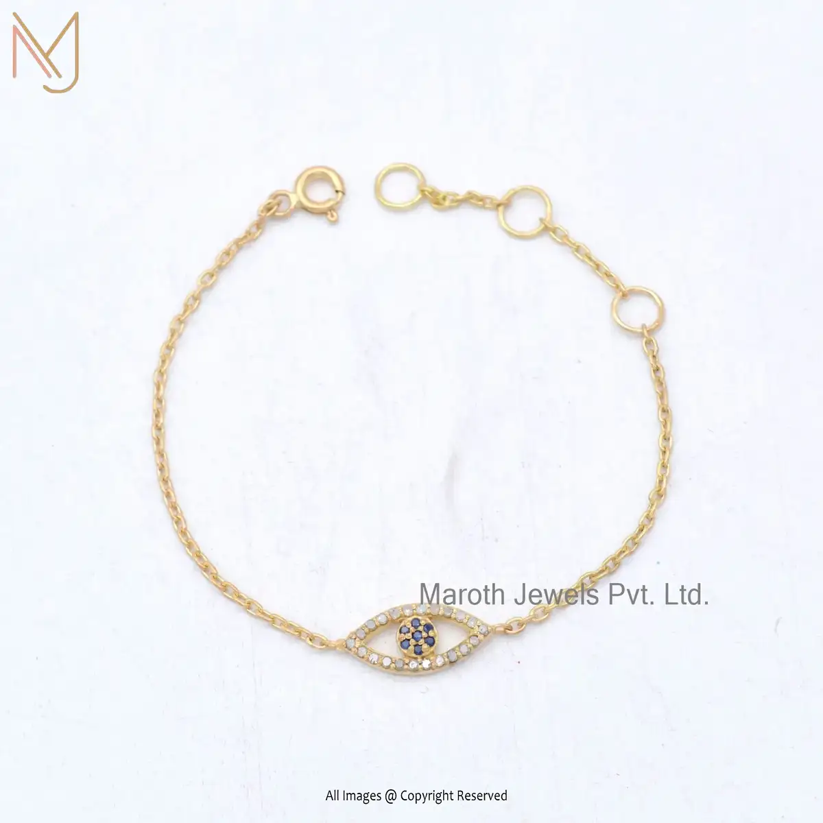 14K Yellow Gold Diamond Blue Sapphire Gemstone Evil Eye Cable Custom Jewelry Chain Bracelet USA