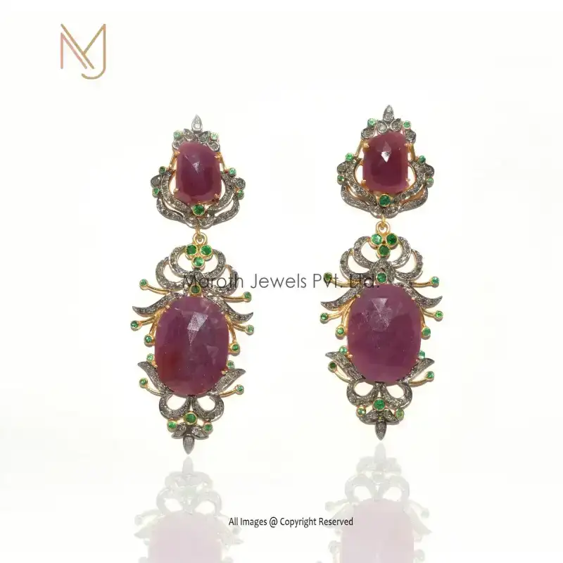 925 Sterling Silver Rhodium Yellow Gold Plated Pave Diamond Emerald Ruby Gemstone Earrings USA