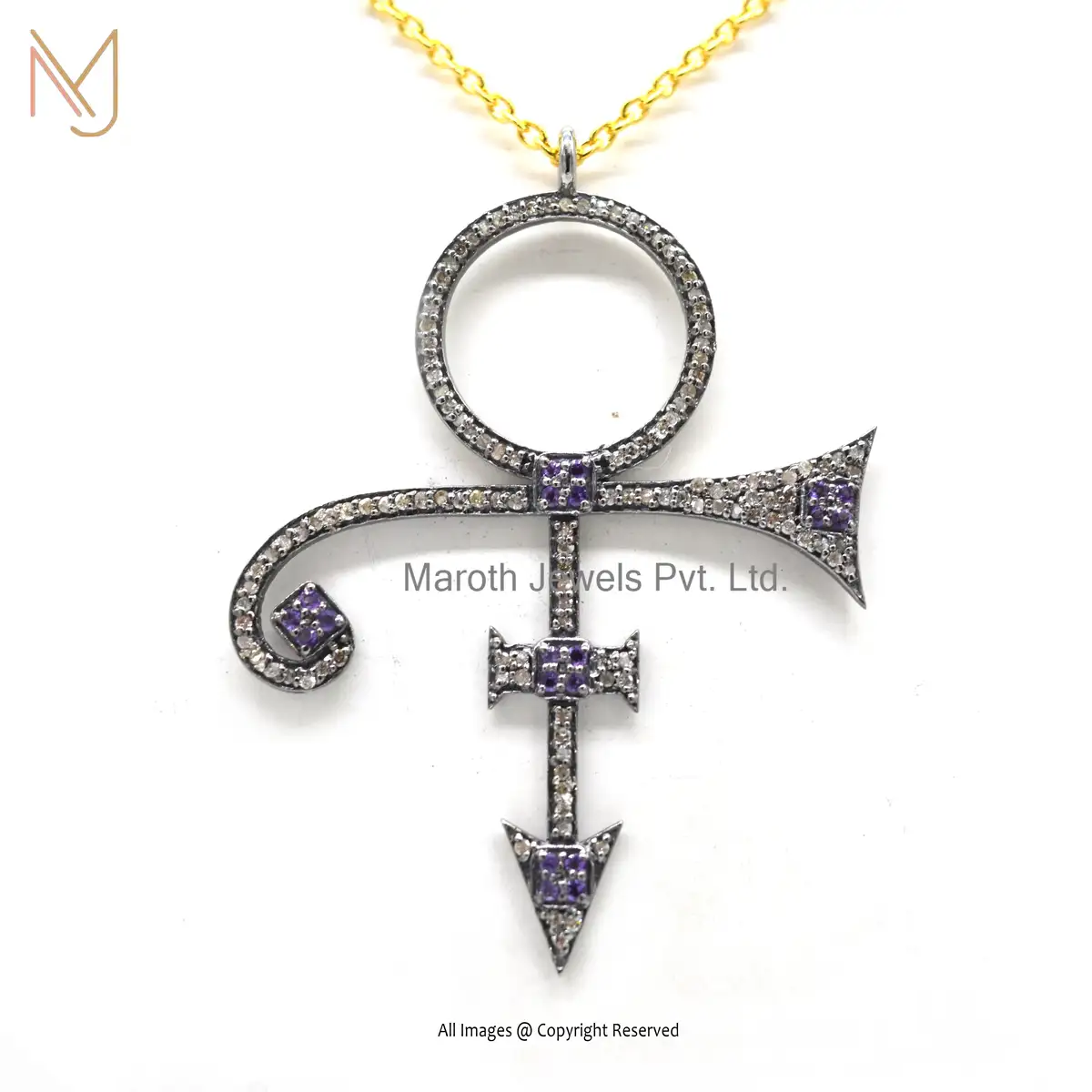 925 Sterling Silver Rhodium Plated Amethyst & Pave Diamond Designer Handmade Arrow Pendant Custom Jewelry