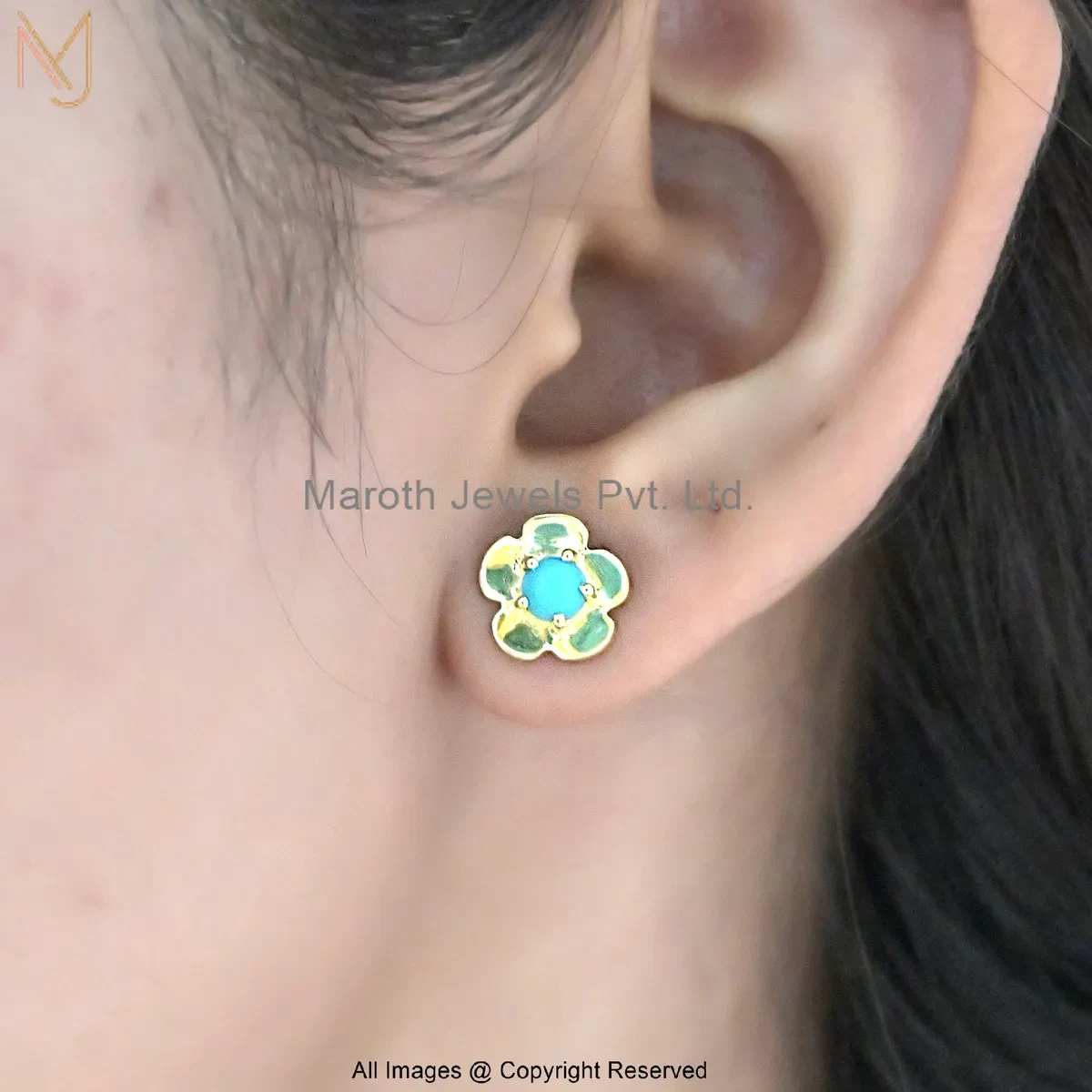 14K Yellow Gold Turquoise Floral Stud Earrings Jewelry Supplier