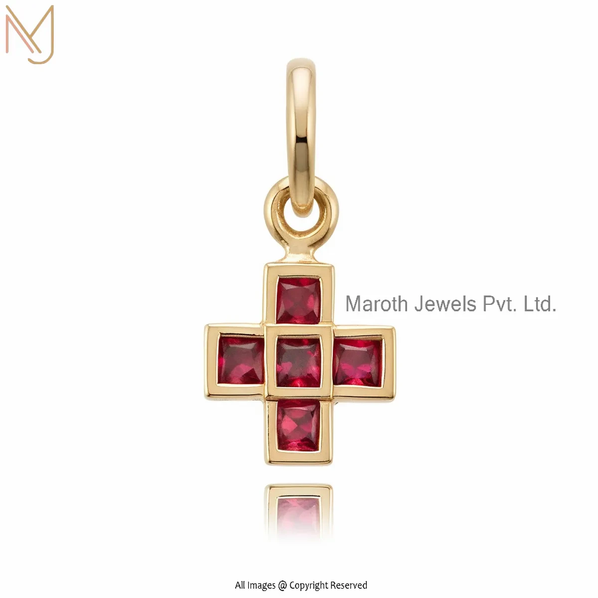 925 Silver Yellow Gold Plated Ruby Square Cross Pendant Custom Jewelry