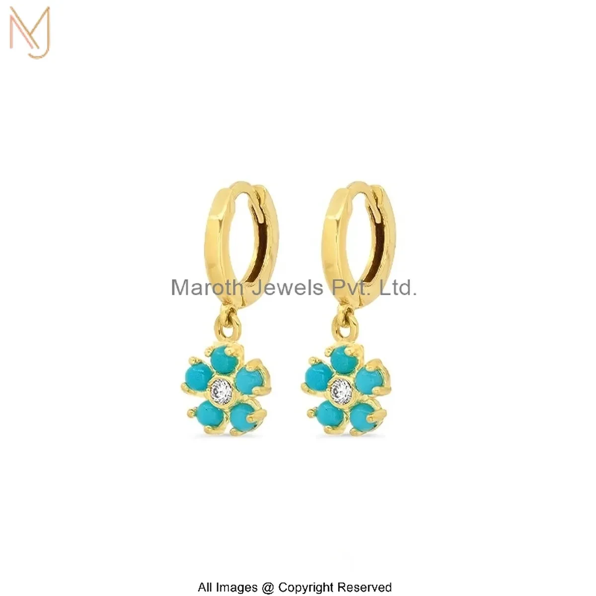 925 Silver Yellow Gold Plated Diamond Turquoise Flower Hoop Huggies Earring Manufacturer