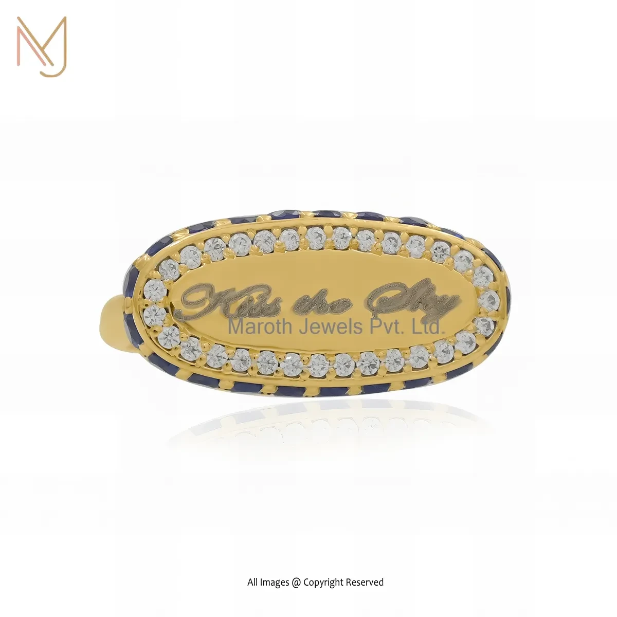 Private Lable 925 Silver Yellow Gold Plated Cubic Zircon Oval Shaped Initial Letter Ring