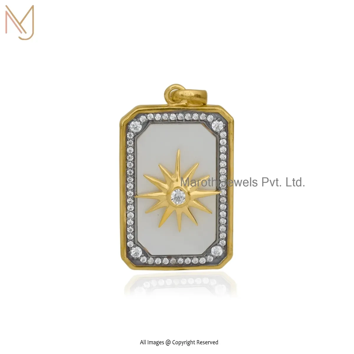 Private Lable 925 Silver Yellow Gold Plated Black Onyx & Cubic Zircon Square Star Pendant
