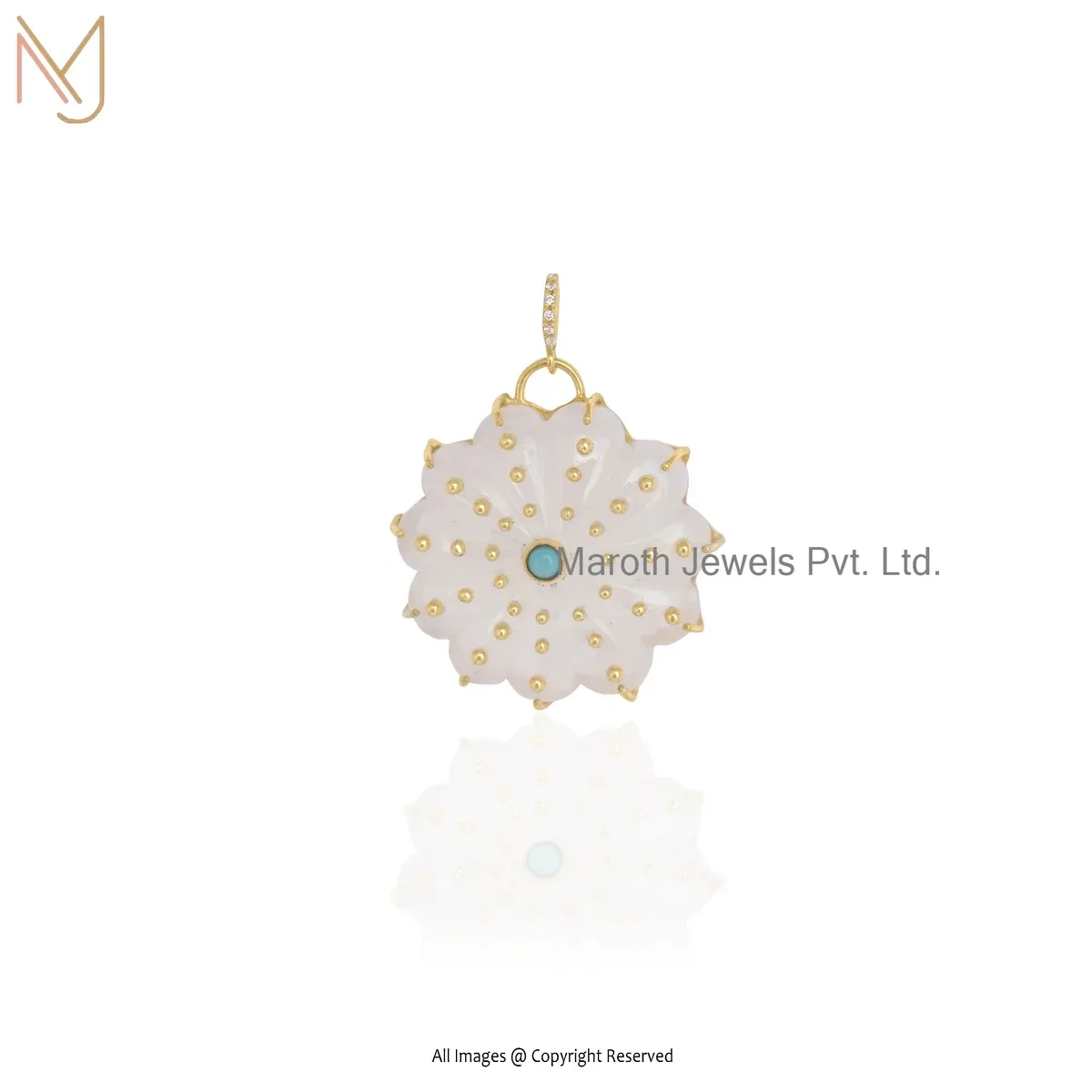 Private Lable 925 Silver Yellow Gold Plated Moonstone & Turquoise Gemstone Flower Pendant