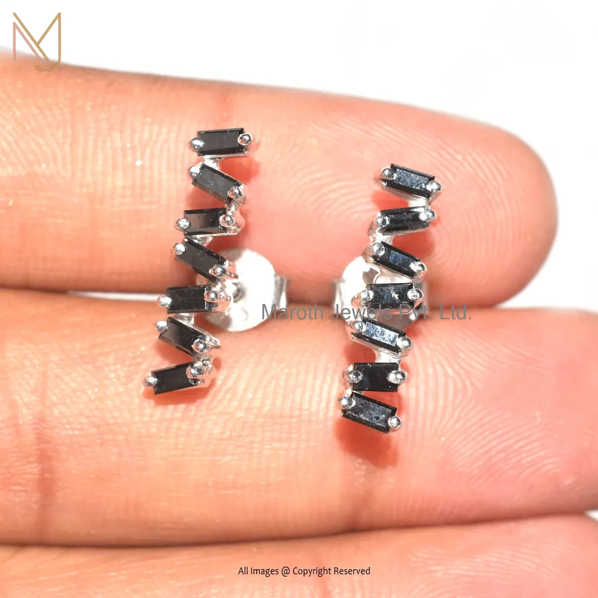 14K White Gold Baguette Black Diamond Stud Earring Jewelry Supplier