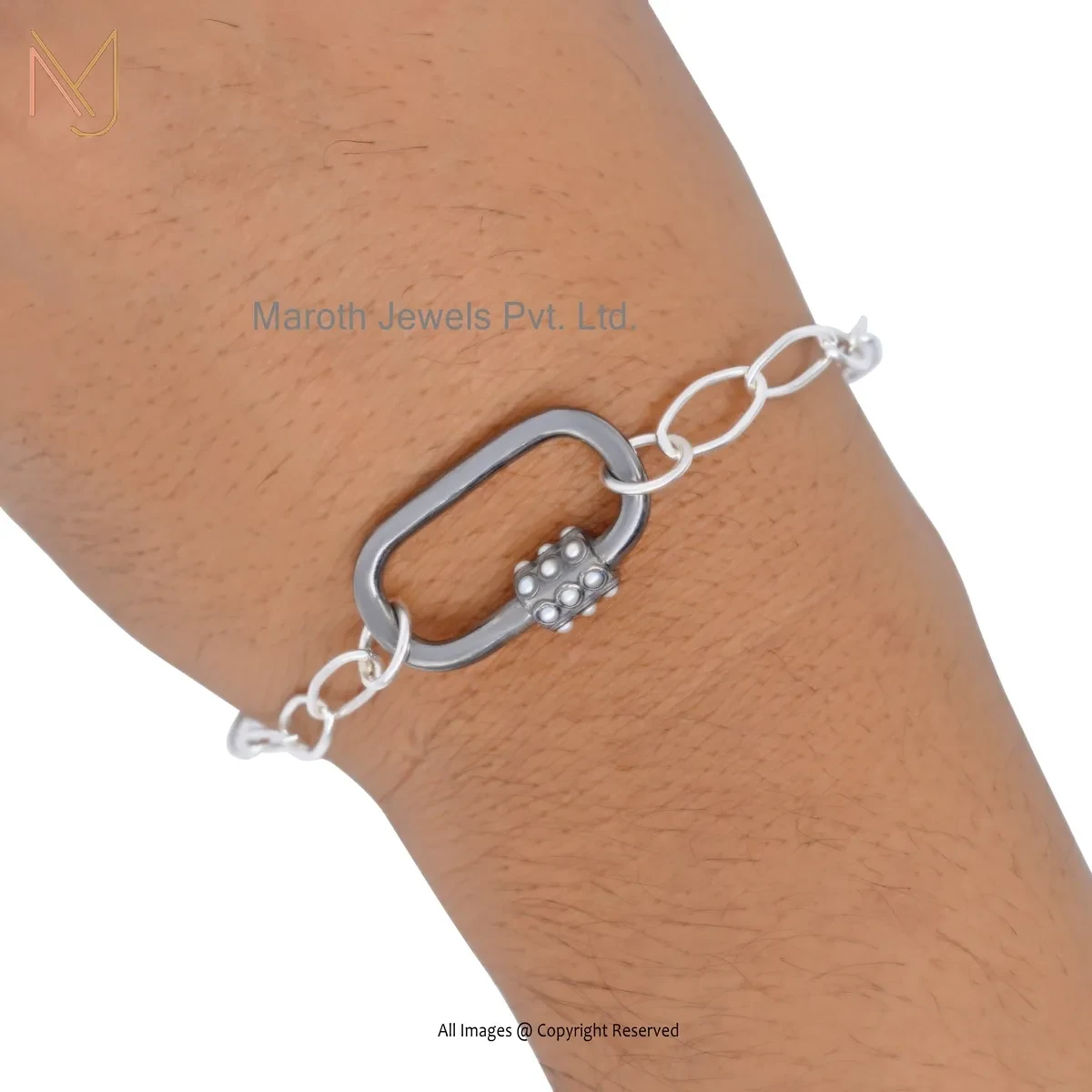 Wholesale 14K White Gold Pearl Carabiner Lock Chain Bracelet
