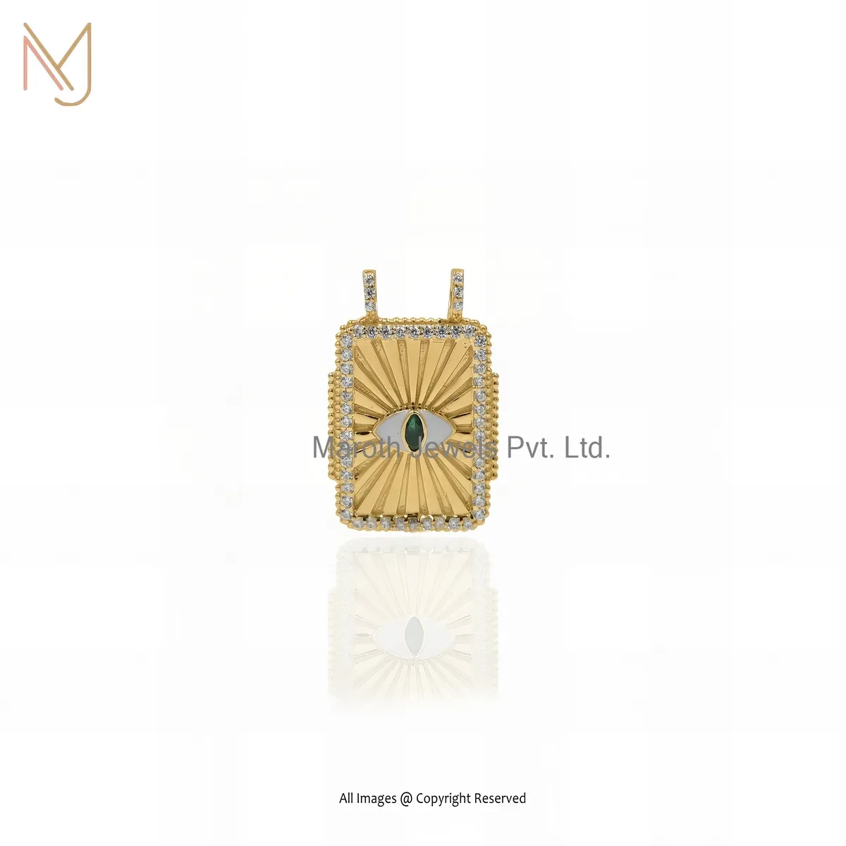 925 Silver Yellow Gold Plated Cubic Zircon & Enamel Evil Eye Square Charm Pendant USA