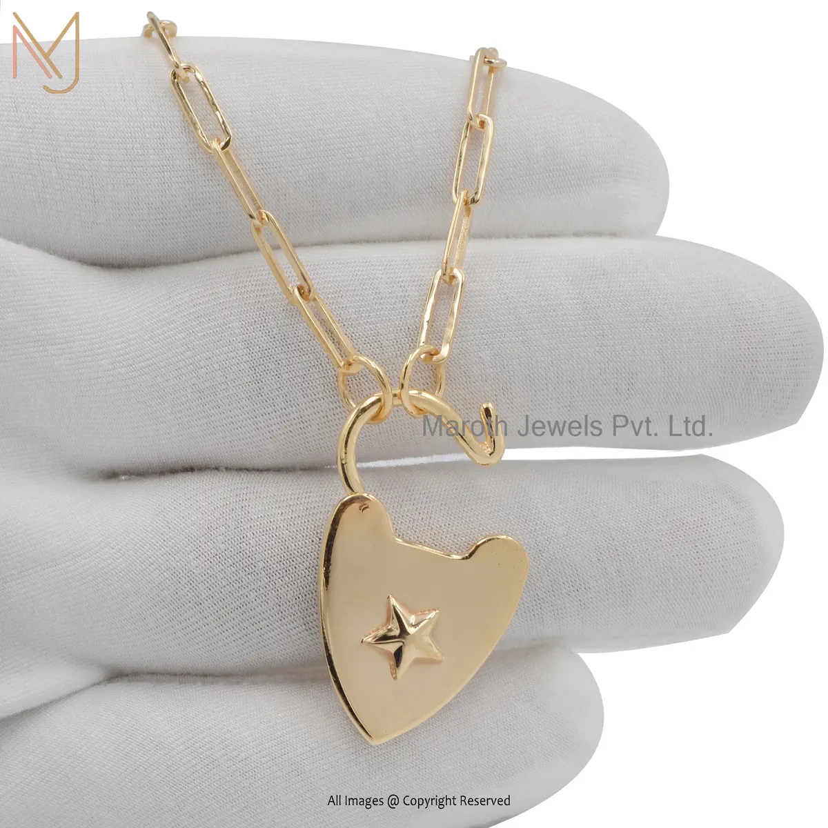 14K Gold Yellow Gold Star Heart Designer Padlock Pendant Custom Jewelry