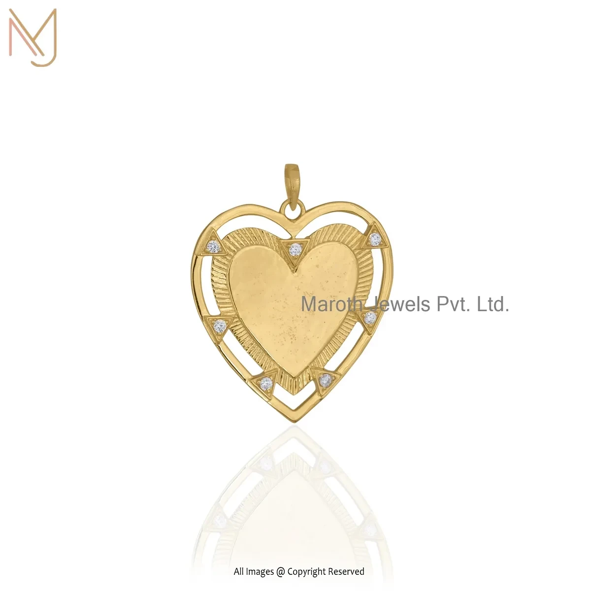 925 Silver Yellow Gold Plated Cubic Zircon Fluted Heart Pendant Jewelry Supplier