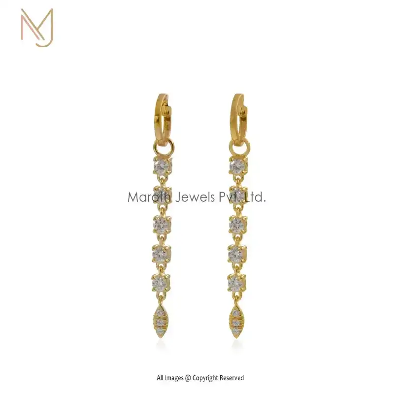 925 Silver Yellow Plated Thin Drop Huggie Earrings With Moissanite CZ Gemstone Manufacturer
