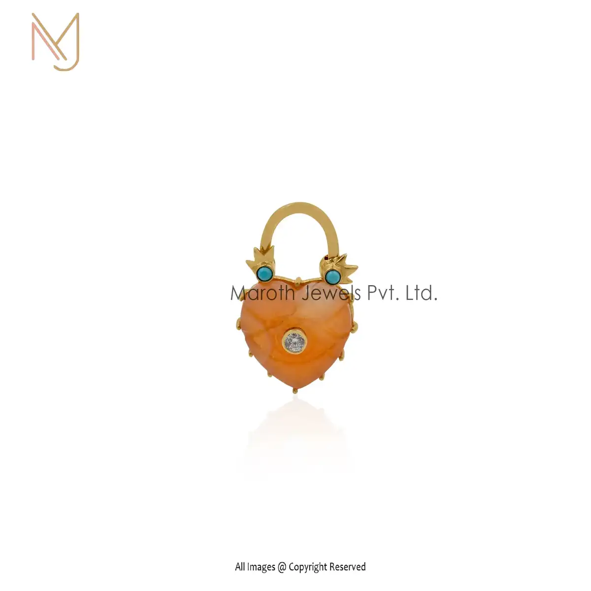 14K Yellow Gold Moonstone & Turquoise CZ Heart Pendant Jewelry Supplier