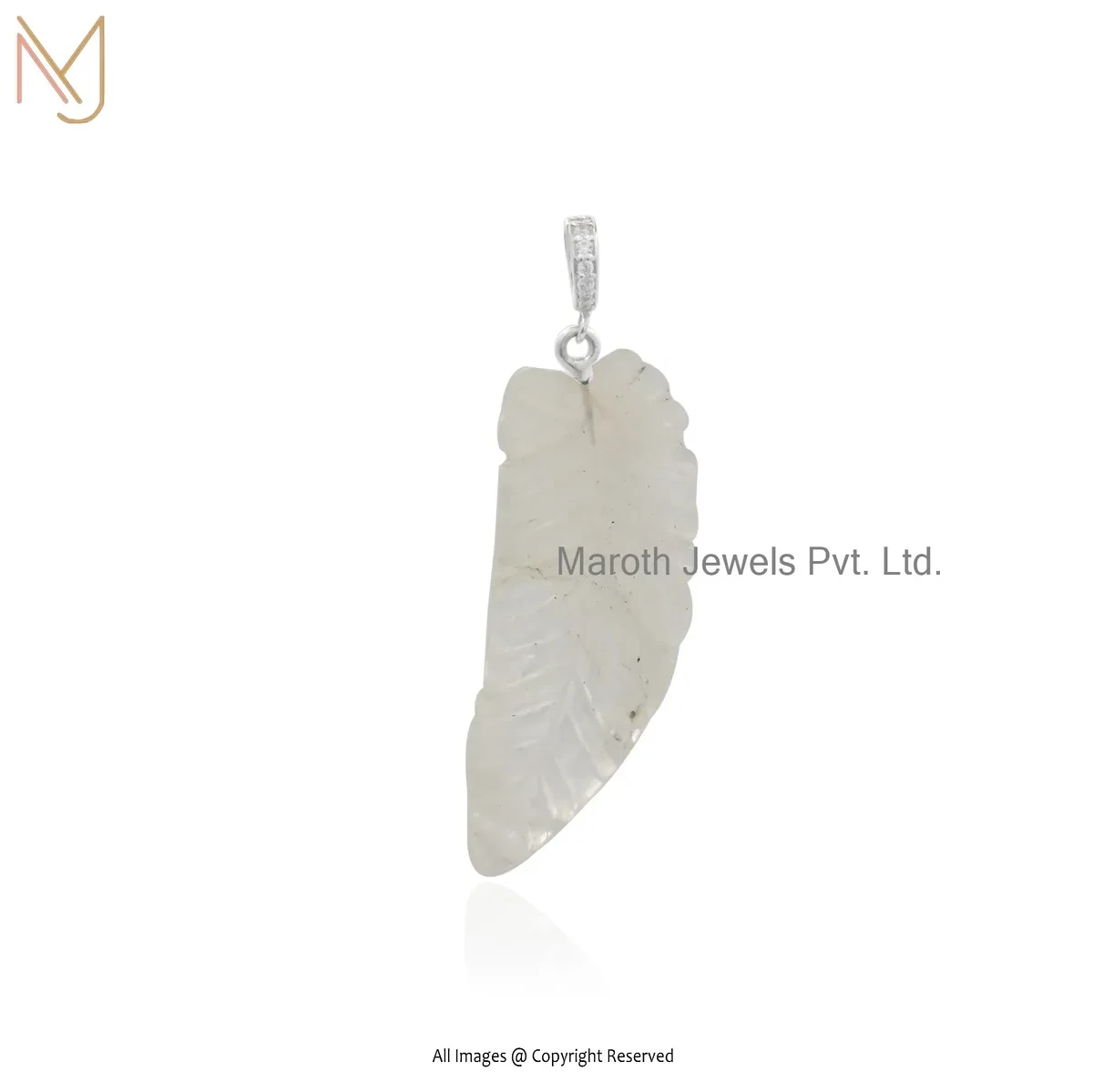 14K White Gold Moonstone Angel Wing Leaf Pendant Custom Jewelry