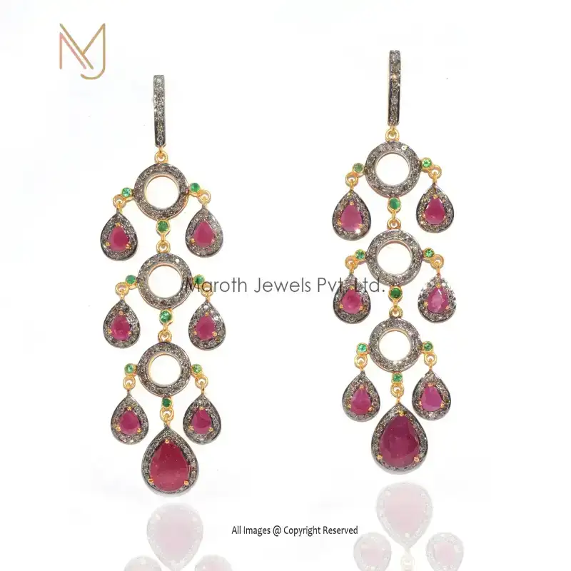 925 Silver Rhodium Yellow Gold Pave Diamond Emerald Ruby Gemstone Earrings USA