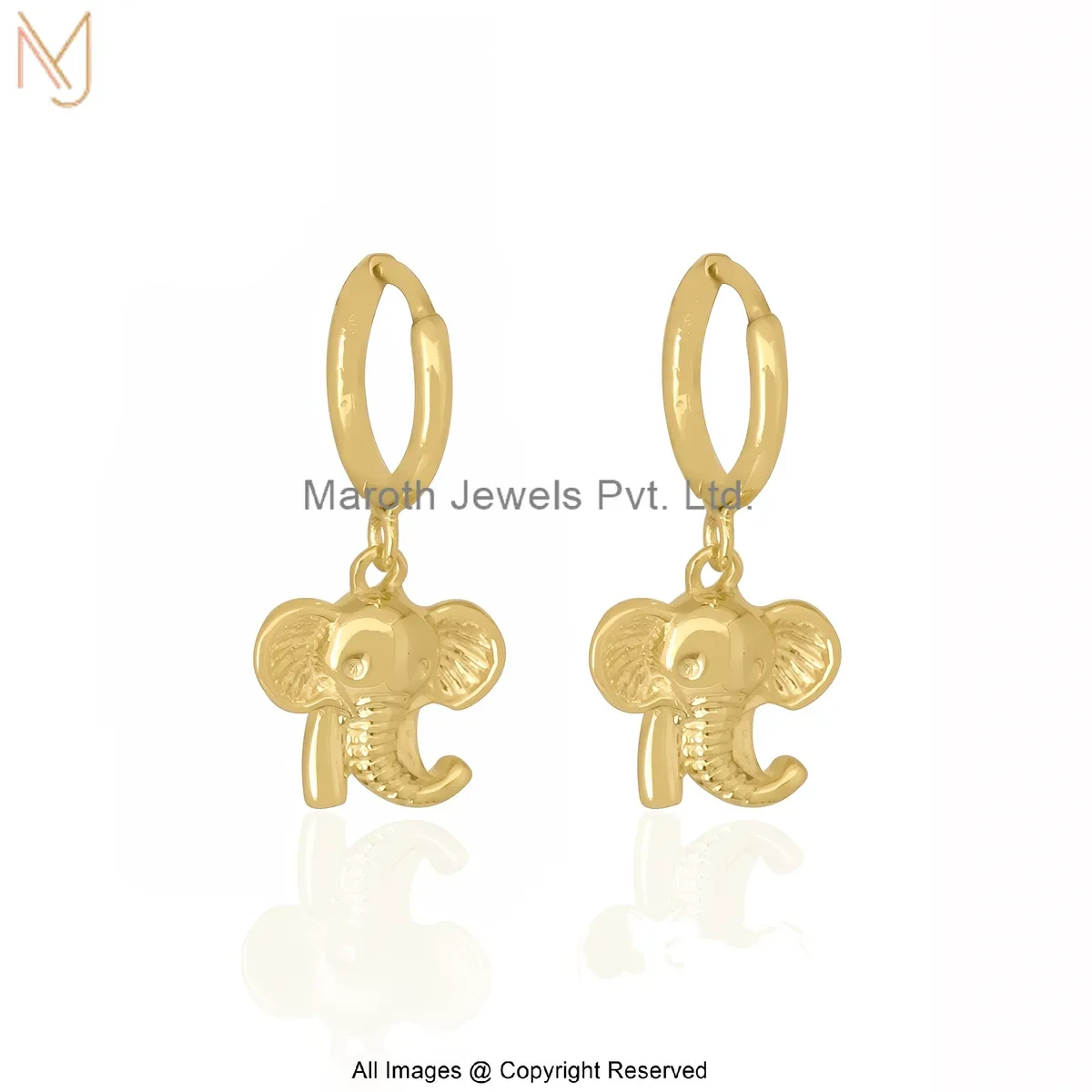 14K Yellow Gold Finish Elephant Head Charm Hoop Earrings Manufacturer