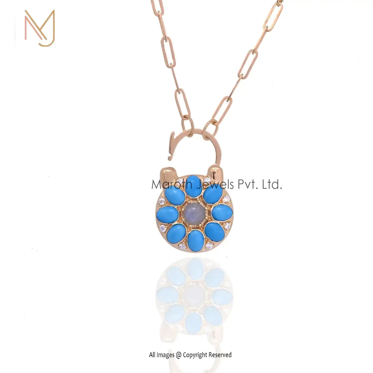 Private Lable 925 Silver Yellow Gold Turquoise Gemstone Labradorite White Topaz Padlock Pendant Jewelry