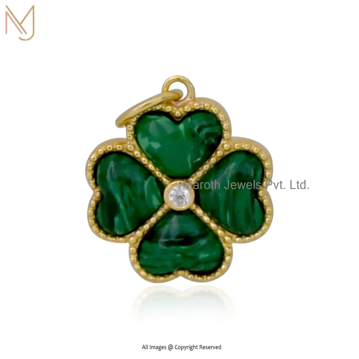 14K Yellow Gold Malachite Cubic Zircon Clover Pendant Manufacturer