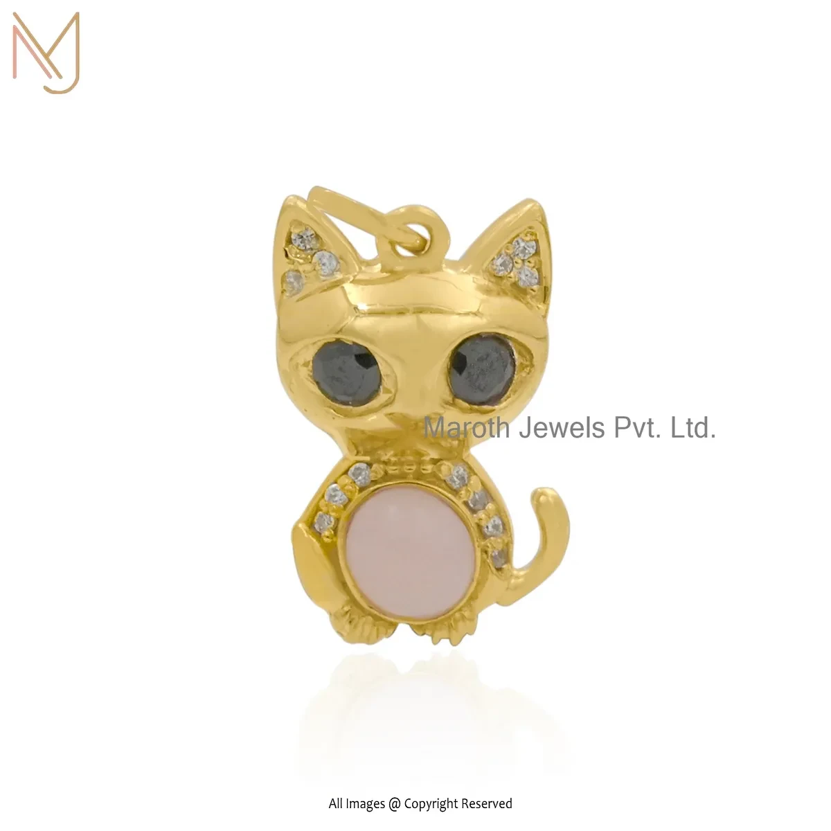 Private Lable 925 Silver Yellow Gold Plated Pink Opal & Black Cubic Zircon Cat Pendant