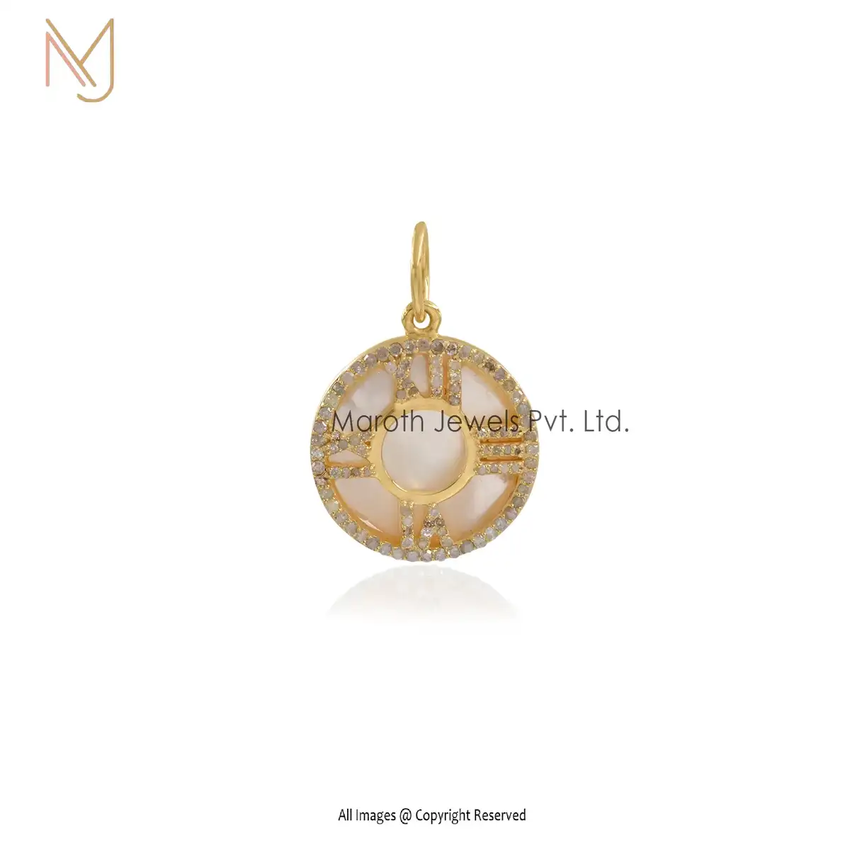 925 Silver Yellow Gold Pave Diamond Mother Of Pearl Roman Clock Pendant Custom Jewelry