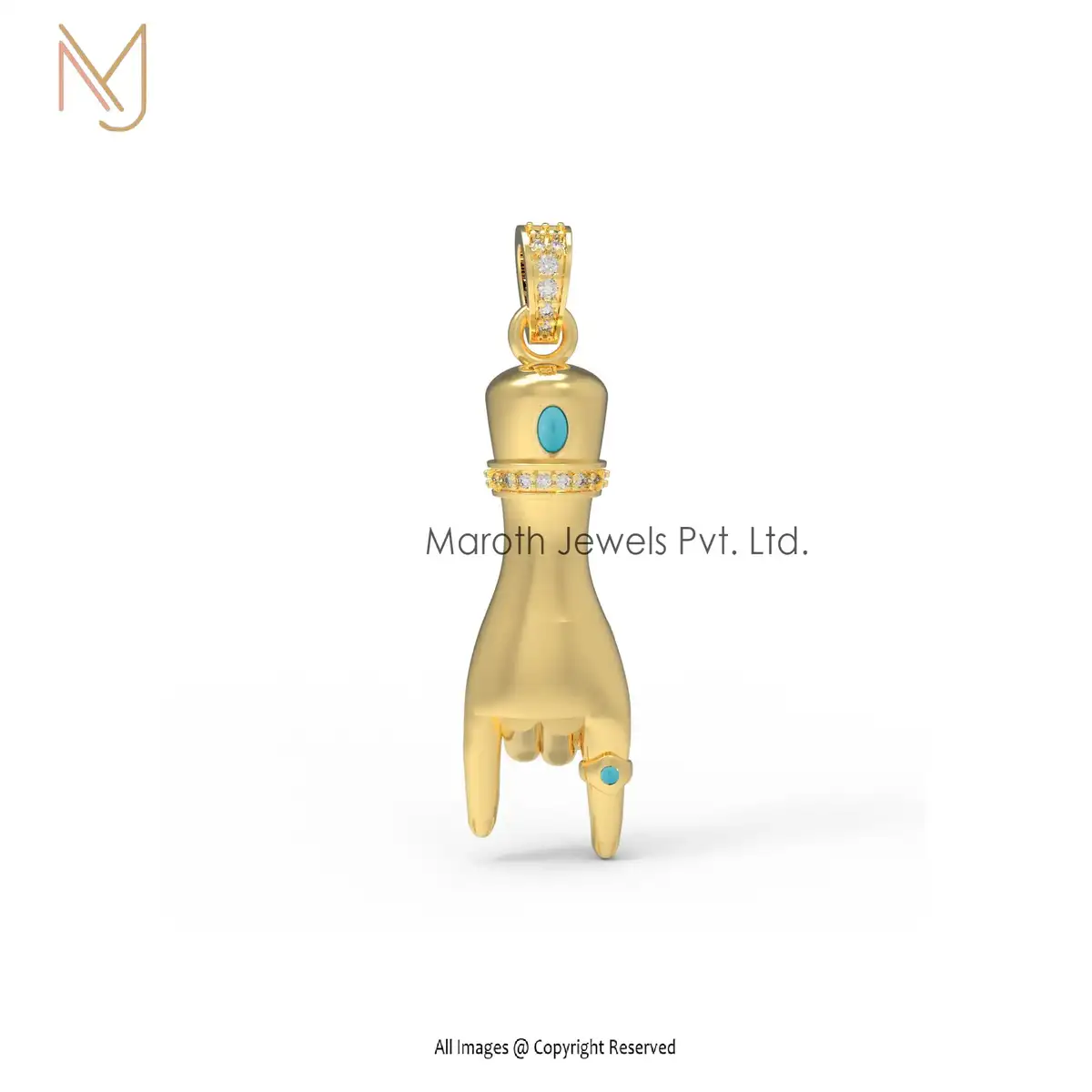 14K Yellow Gold Pave Diamond CZ Diamond Black Spinel Gemstone Figa Pendant Jewelry Supplier