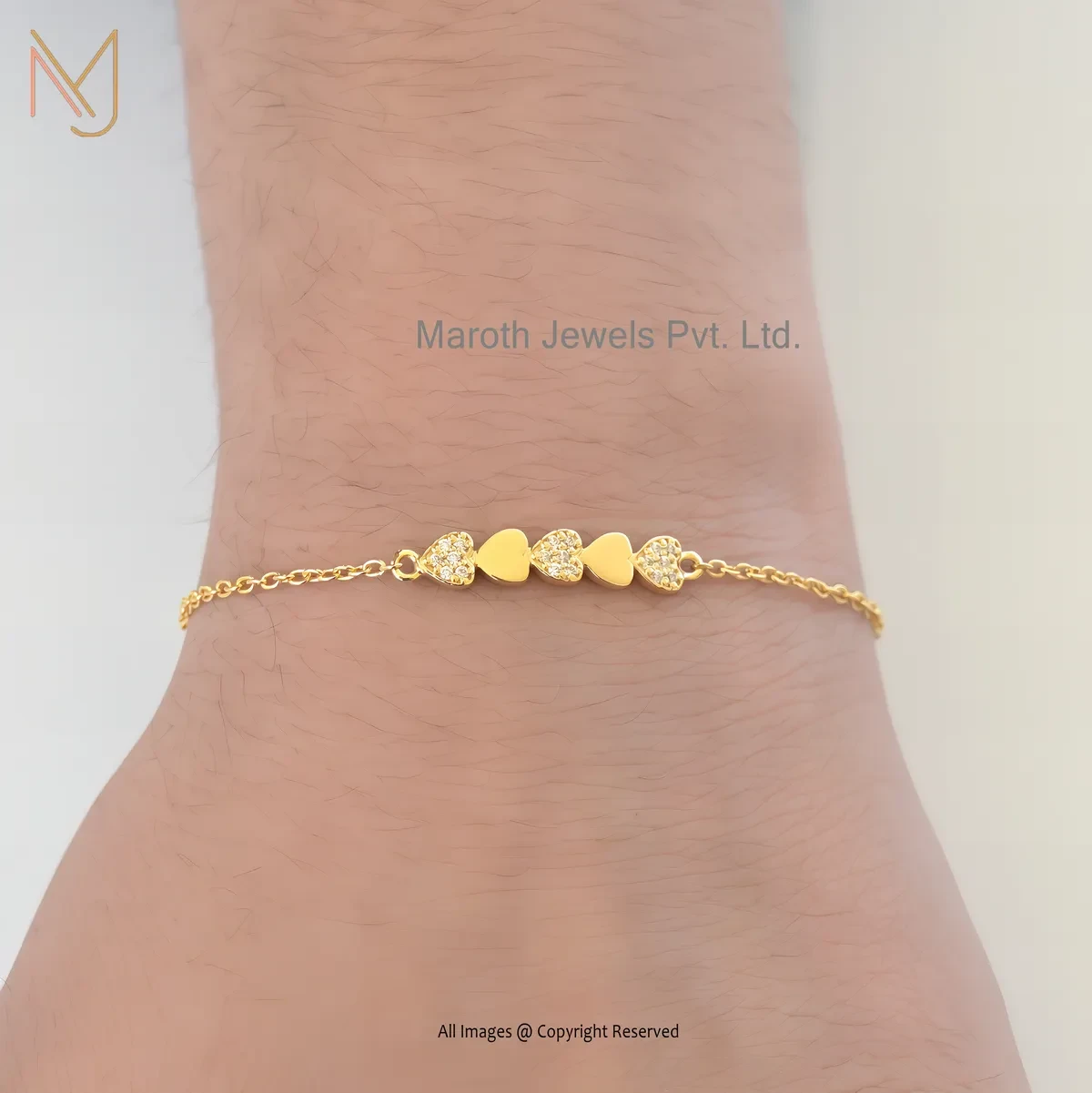Private Lable 925 Silver Yellow Gold Plated Cubic Zircon Heart Cable Chain Bracelet