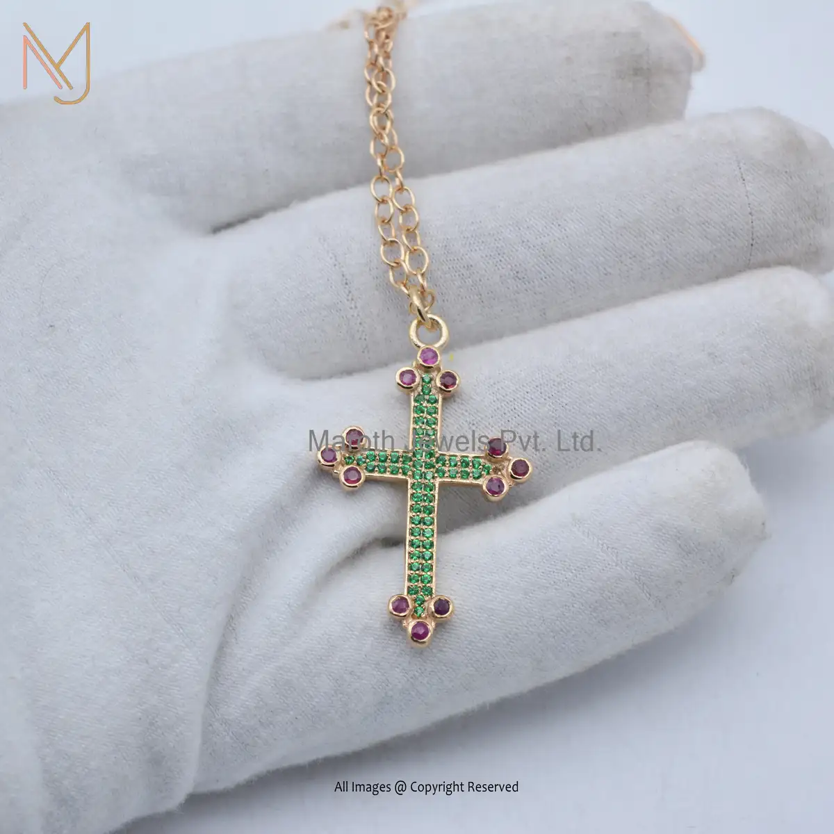 925 Sterling Silver Yellow Gold Plated Tsavorite & Ruby Gemstone Cross Pendant Jewelry Manufacturer