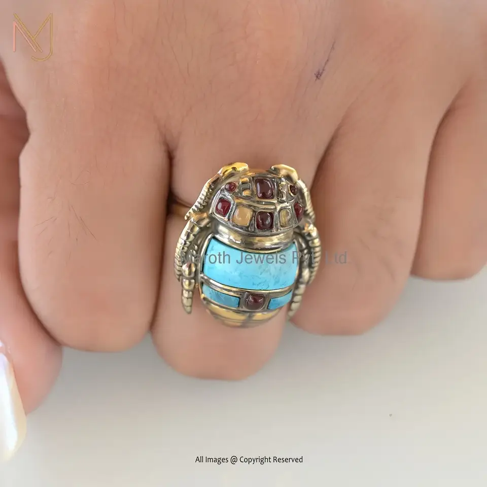 Wholesale 14K Yellow Gold Turquoise And Sunstone Scarab Ring