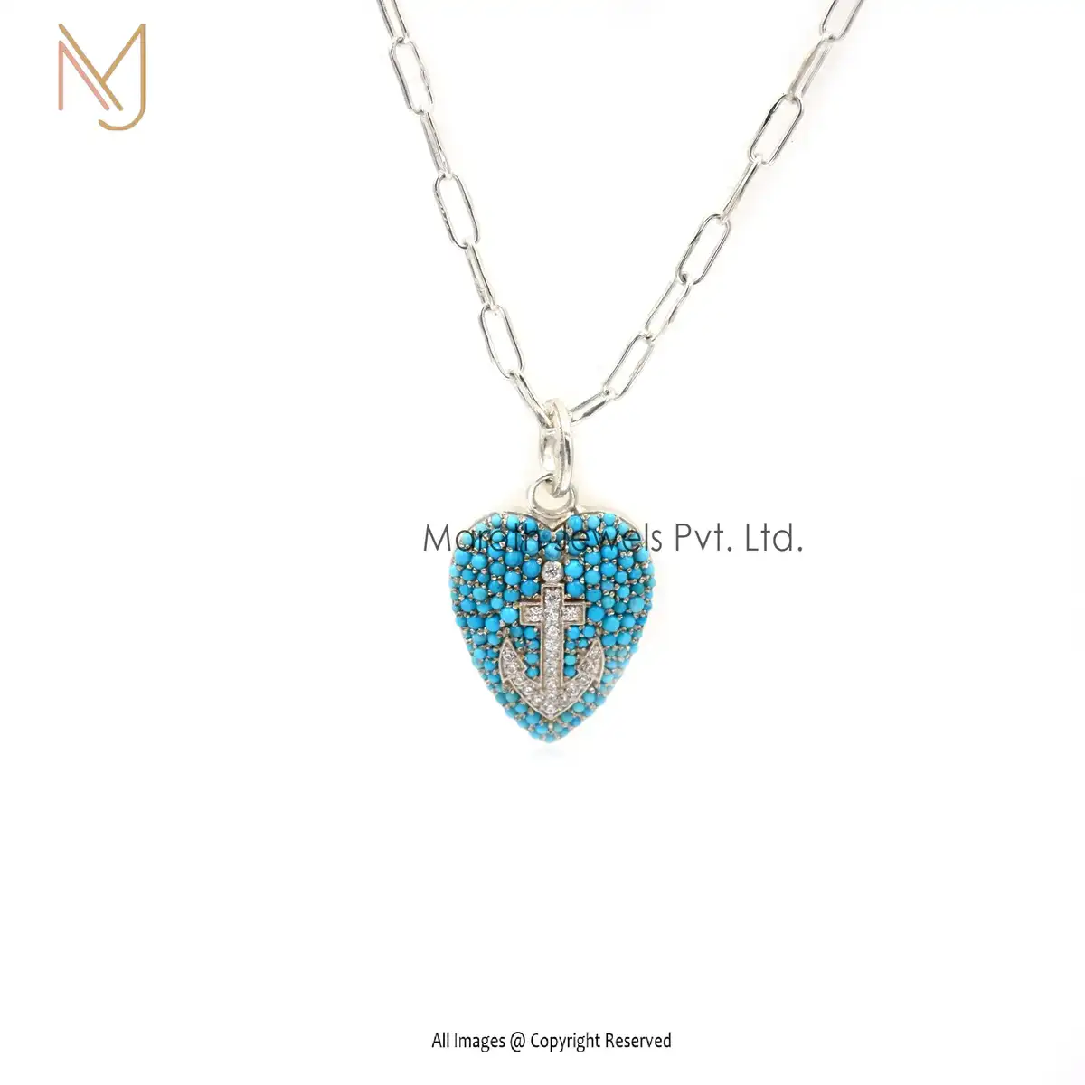 14K White Gold Turquoise & White Topaz Heart Pendant For Necklace USA