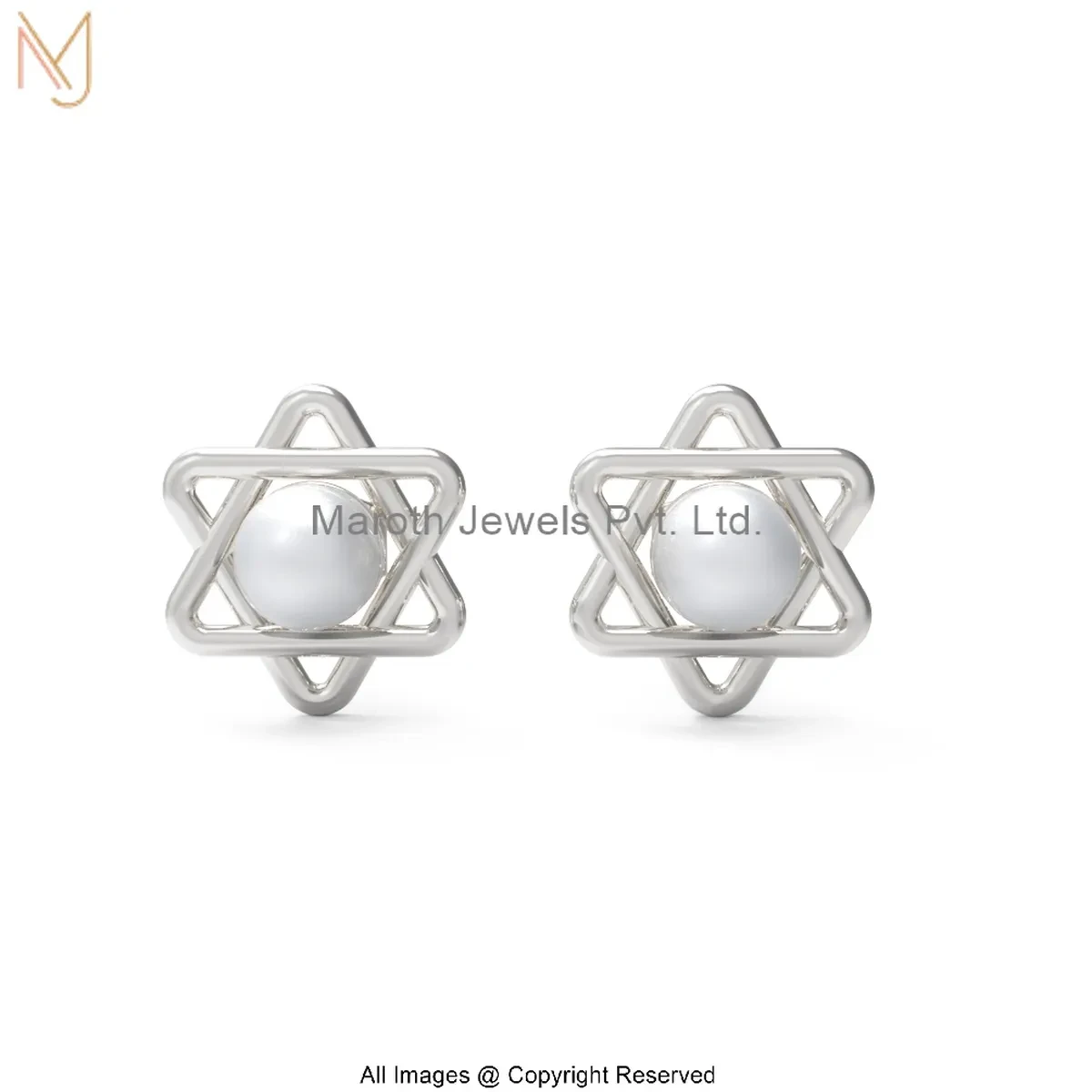 14K White Gold Star Pearl Stud Earrings Custom Jewelry