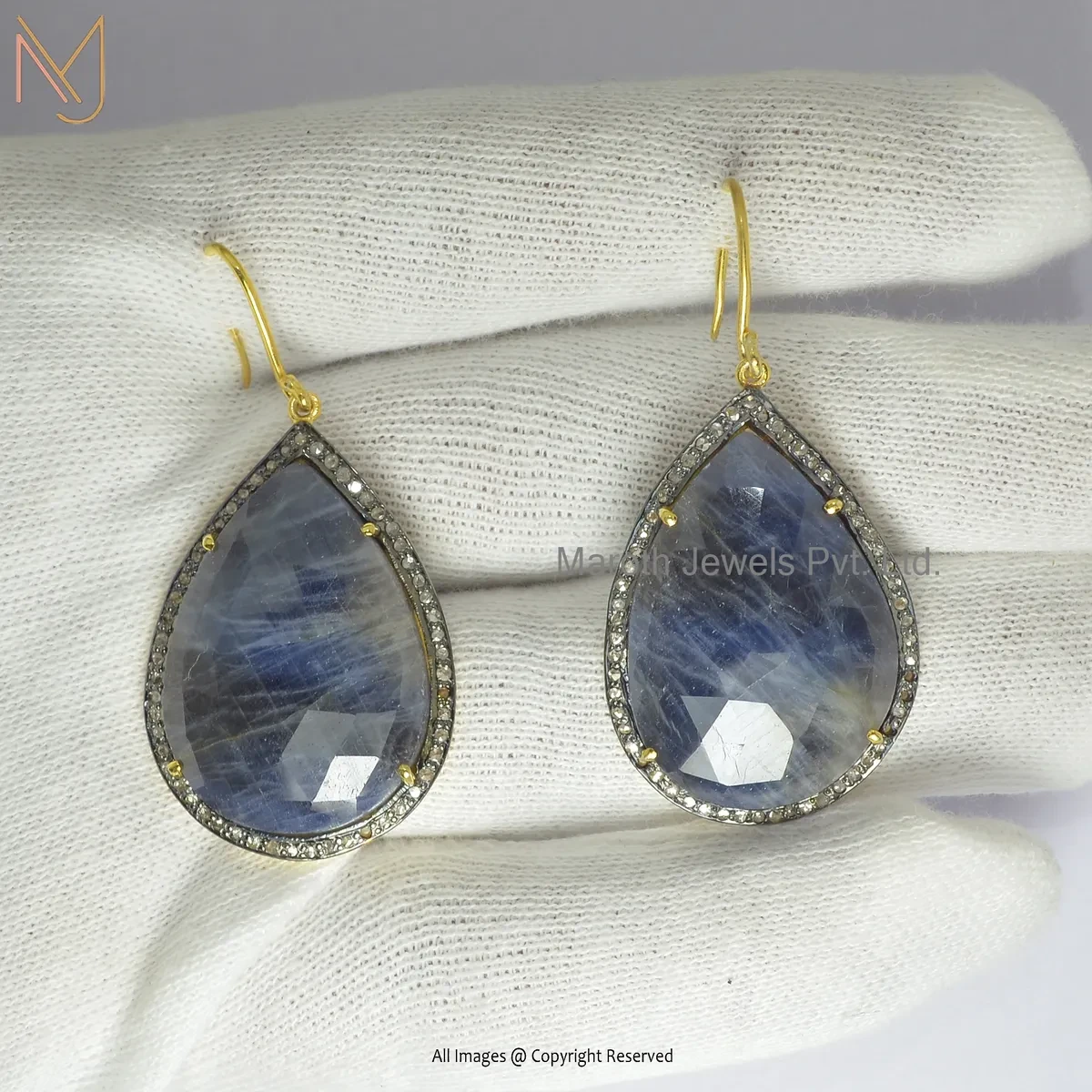 925 SIlver Rhodium Yellow Gold Plated Pave Diamond Blue Sapphire Drop Earring Jewelry Supplier