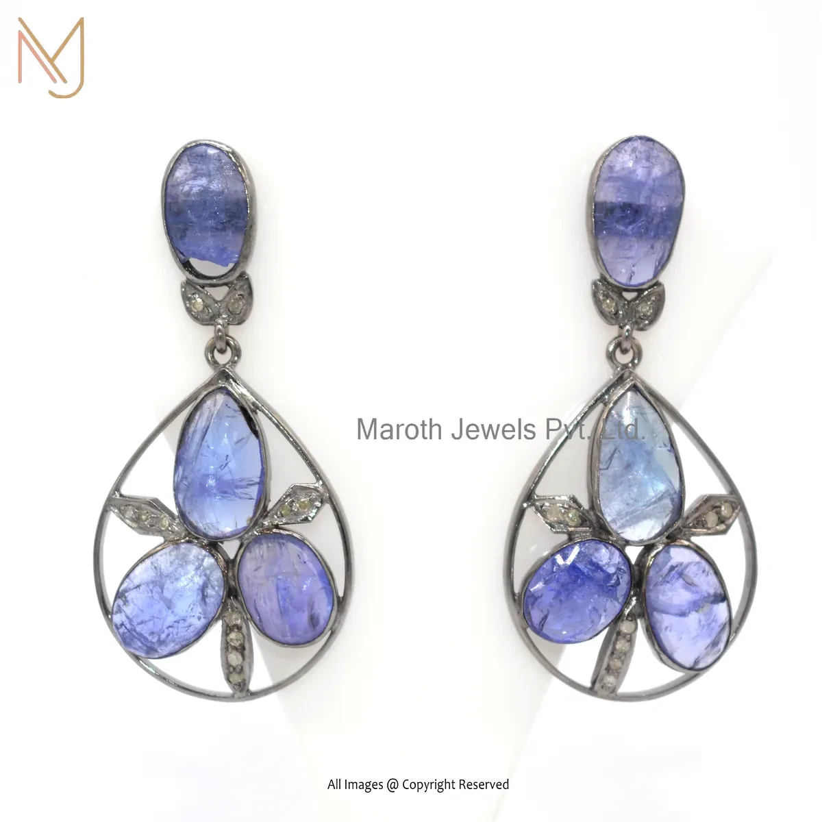 925 Silver Natural Silver Plated Pave Diamond Tanzanite Gemstone Drop Earring Custom Jewelry