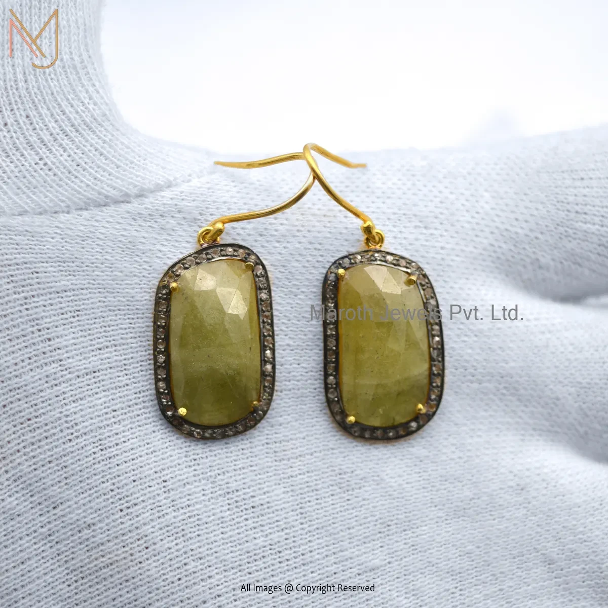 14K Yellow Gold Pave Diamond Yellow Sapphire Gemstone Drop Earring Manufcaturer