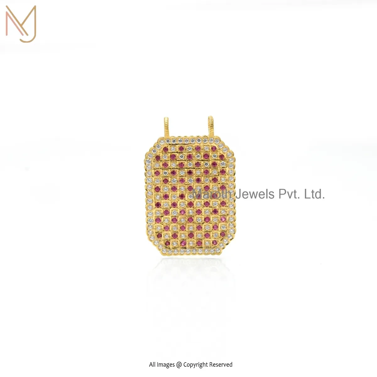 14K Yellow Gold Cubic Zircon Ruby Scapular Pendant Custom Jewelry