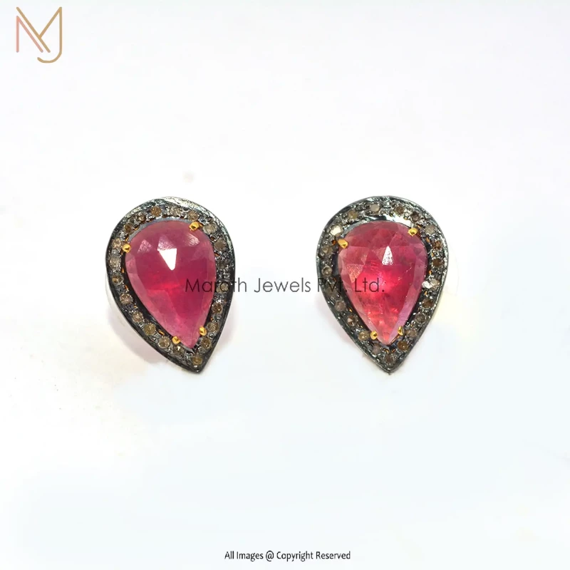 925 Silver Pave Diamond Ruby Gemstone Drop Studs Earrings Jewelry Supplier