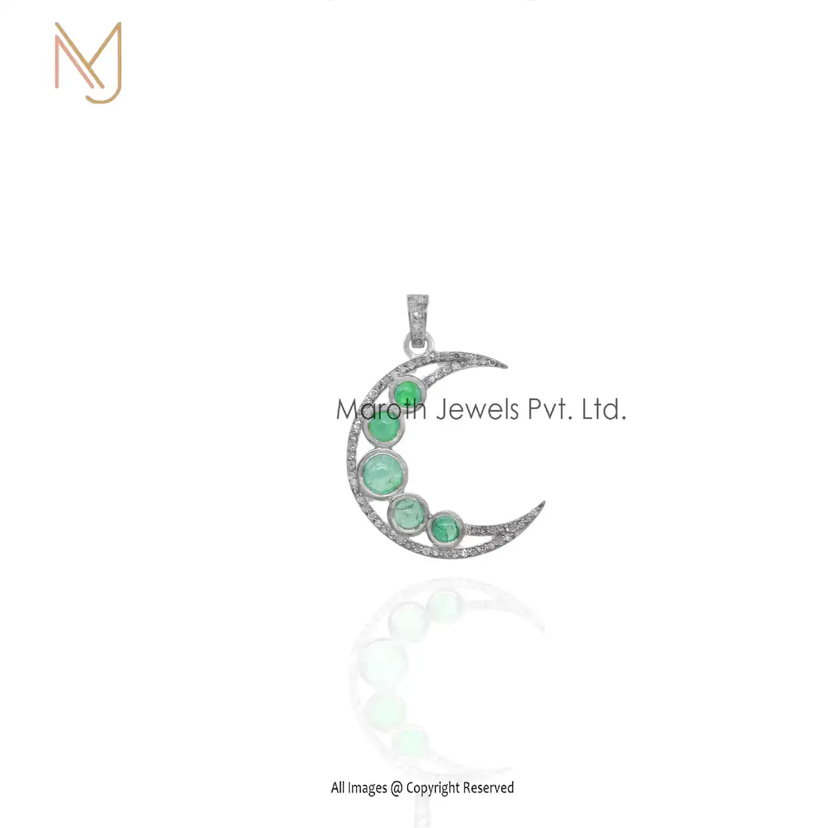 14K Yellow Gold Diamond And Emerald Gemstone Moon Pendant Manufacturer