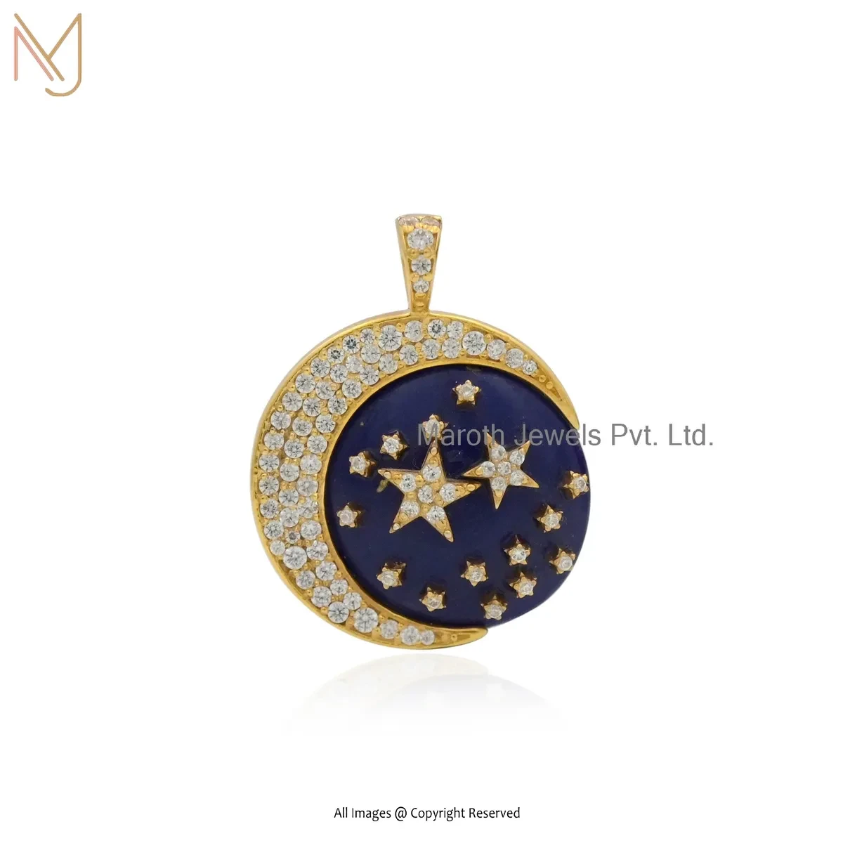Private Lable 14K Soild Yellow Gold Lapiz Lazuli Cubic Zircon Star Moon Pendant