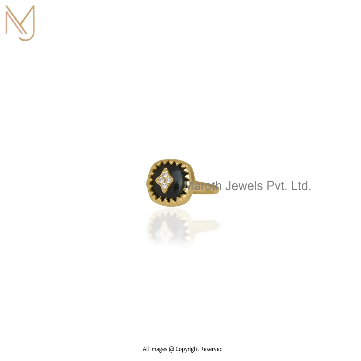 925 Silver Yellow Gold Plated Black Onyx White Cubic Zircon Minimalist Ring Jewelry Supplier