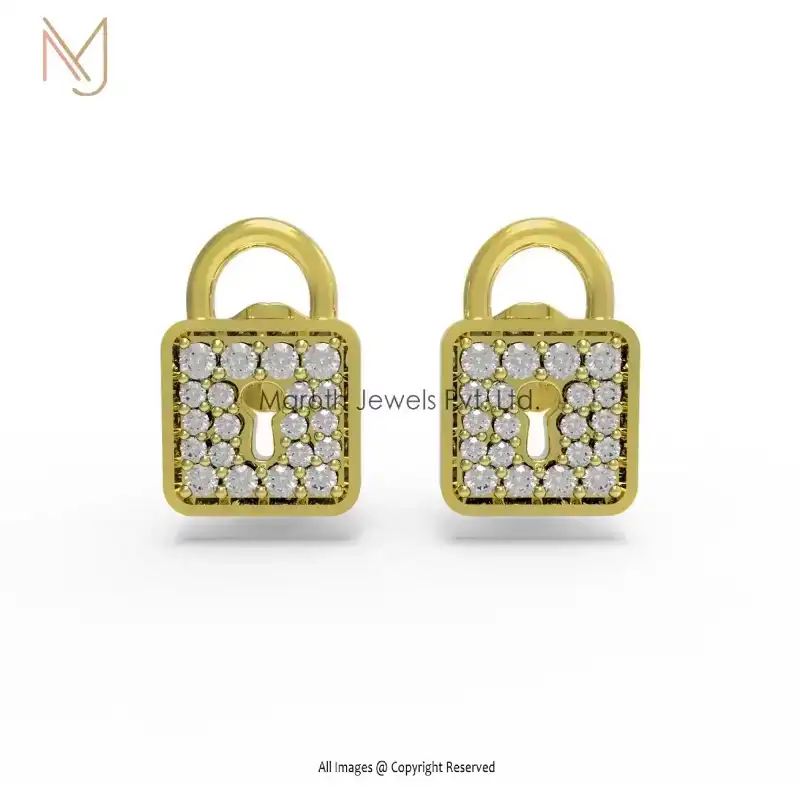 14K Yellow Gold Pave Diamond Lock Shape Studs Earring Jewelry Custom Jewelry