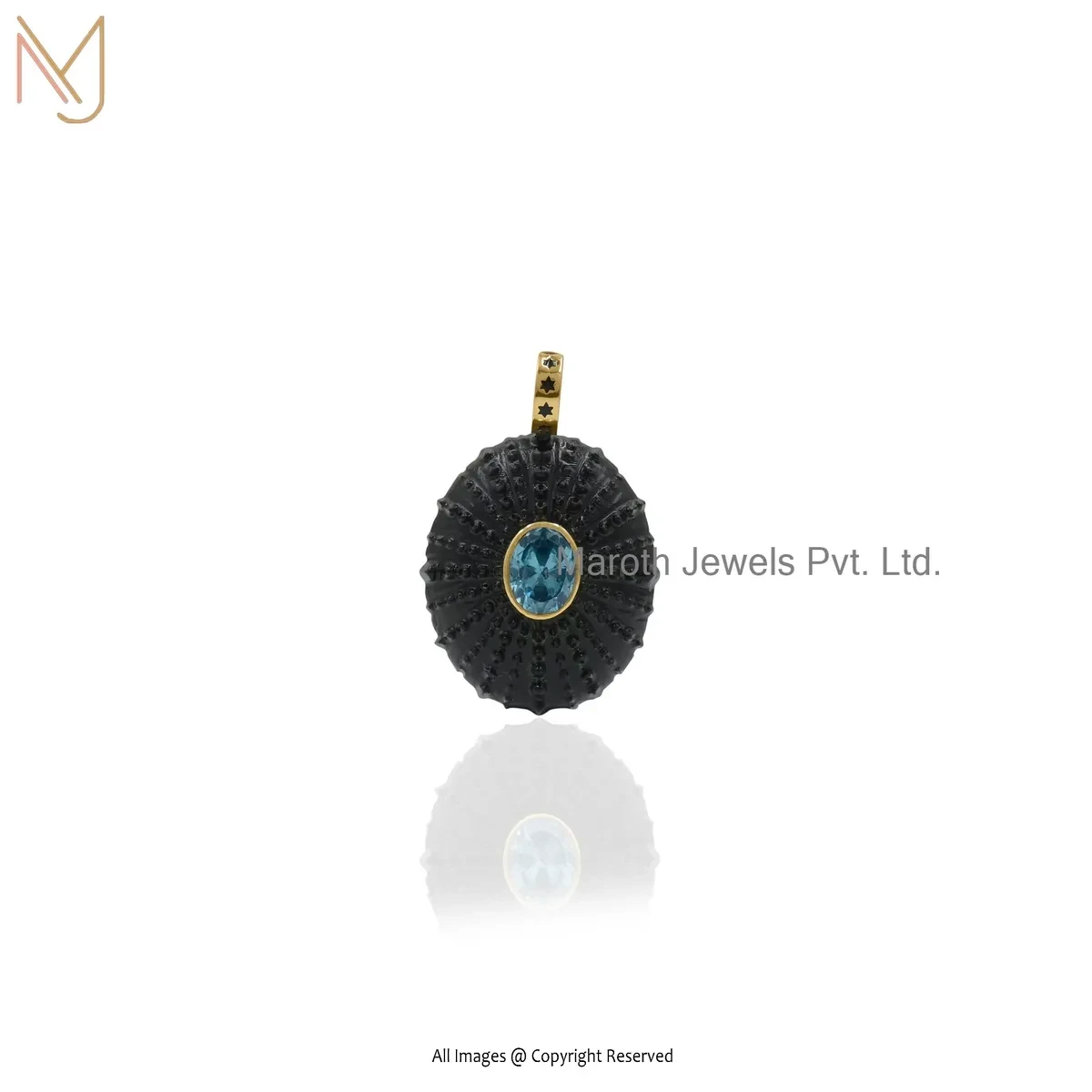 14K Yellow Gold Cubic Zircon , Black Enamel , Gemstone Sea Urchin-Style Pendant USA