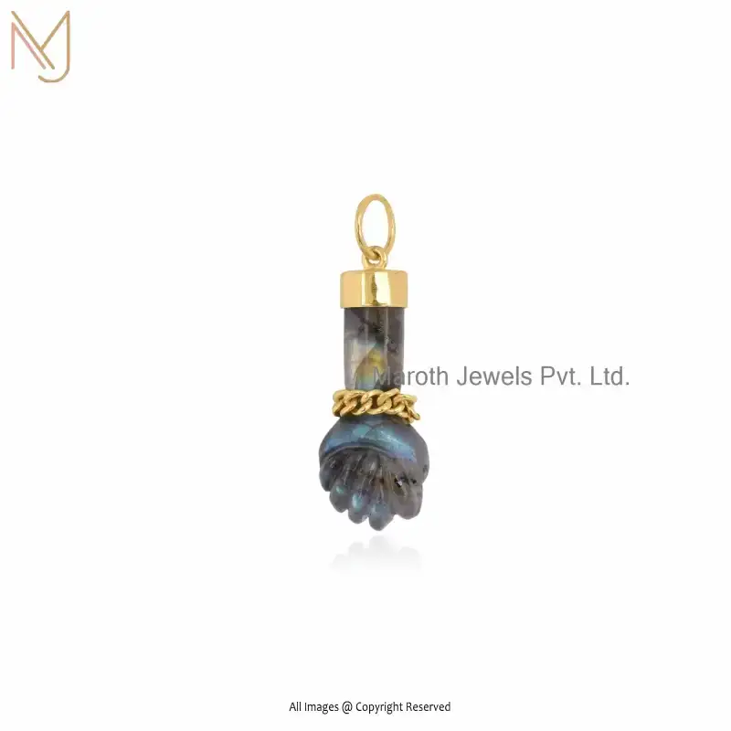 14K Yellow Gold Labradorite Figa Hand Charm Pendant Jewelry Supplier