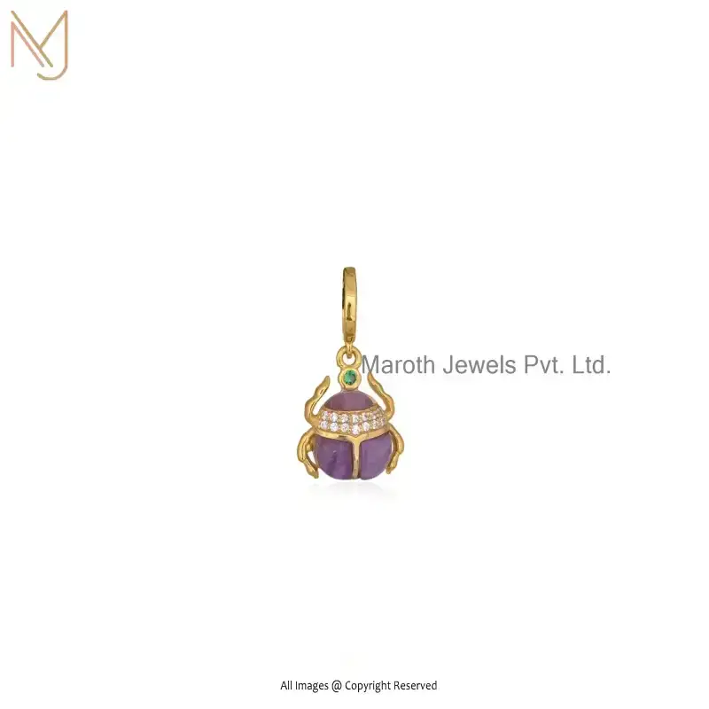 14K Yellow Gold Amethyst And CZ Scarab Charm Pendant Manufacturer