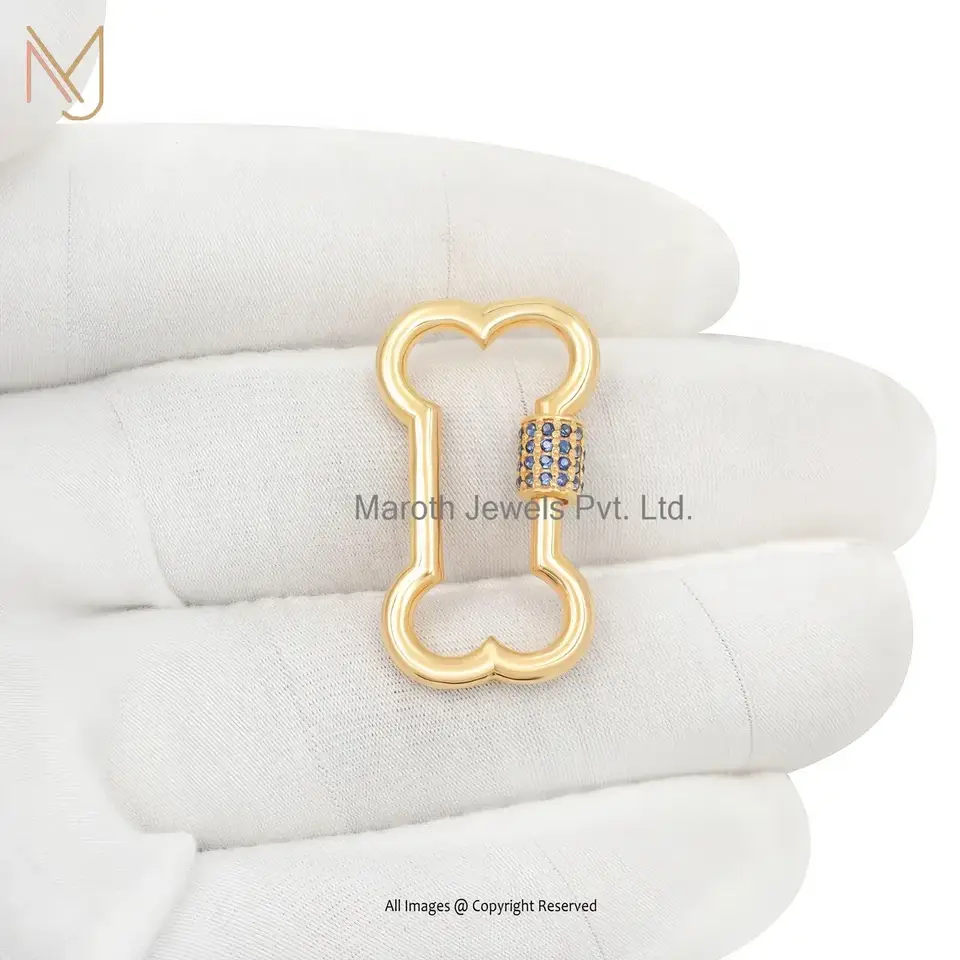 Private Lable 925 Silver Yellow Gold Plated Blue Cubic Zircon Dog Bone Carabiner Lock