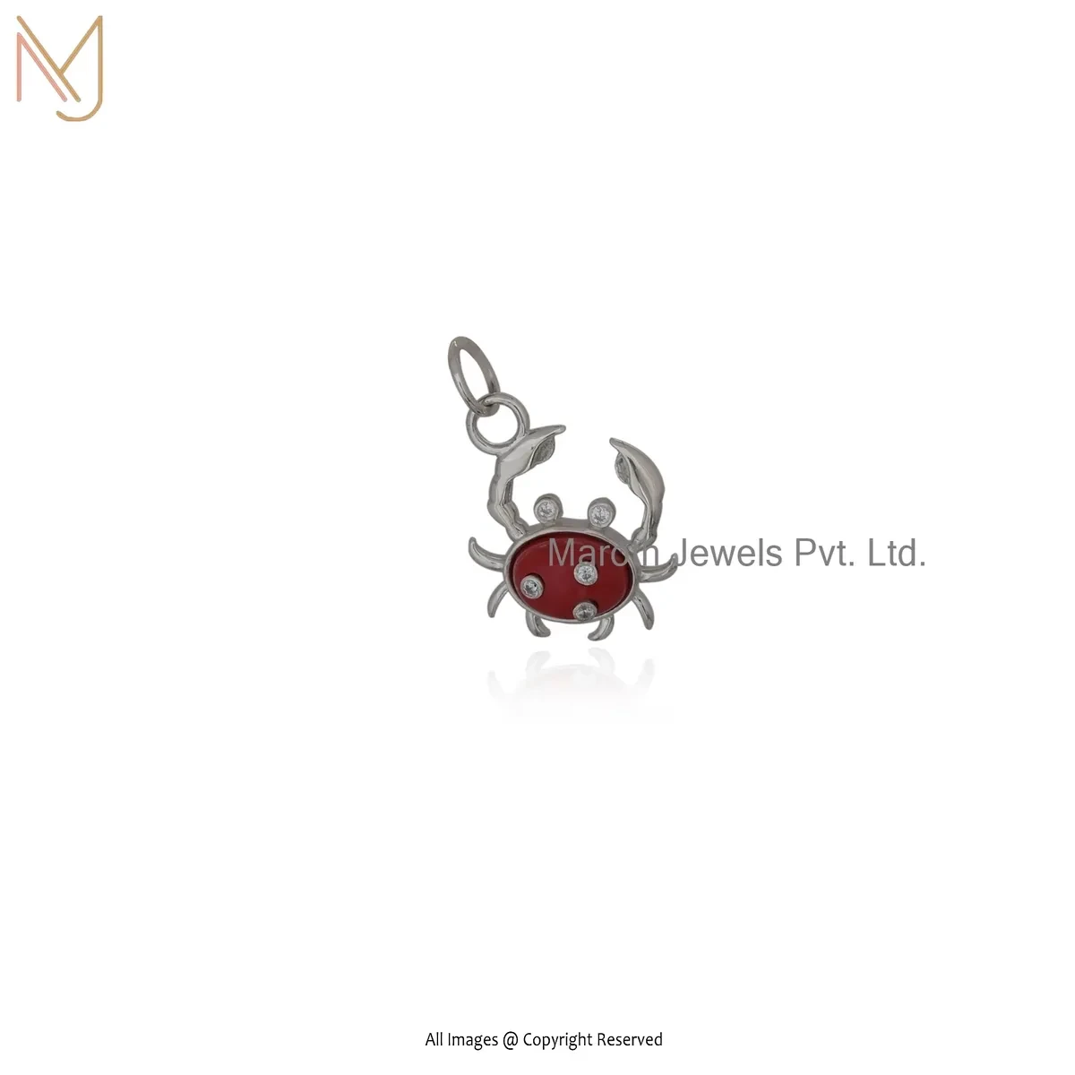 Wholesale 14K White Gold Cubic Zircon & Red Coral Gemstone Crab Charm Pendant
