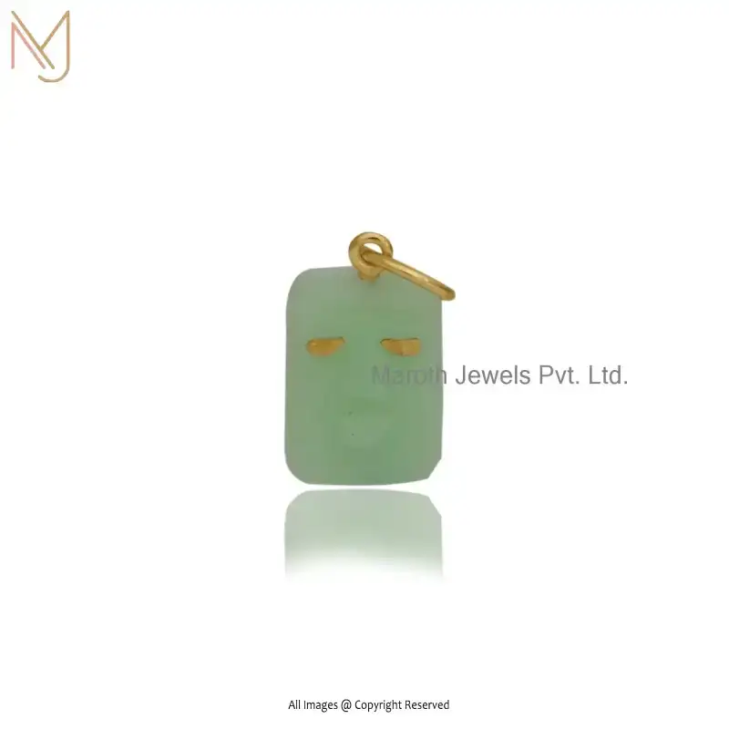 14K Yellow Gold Green Opal And Carved Face Pendant Custom Jewelry
