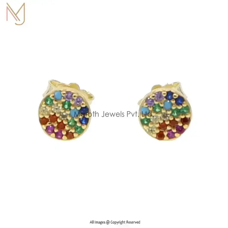 14K Solid Yellow Gold Multi Color Gemstone Stud Earring Jewelry Manufacturer