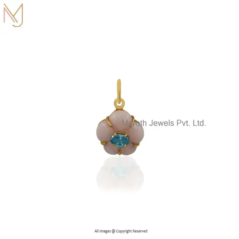925 Silver Yellow Gold Plated Pink Opal And Blue Aquamarine Flower Pendant Custom Jewelry